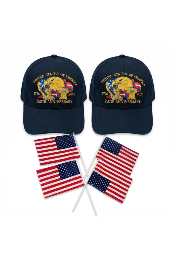 Unisex July 4th set including 2 patriotic caps and 4 flags, commemorating the 250th anniversary of the United States (1776-2026). Suitable for both men and women, sun hats, and a Father's Day gift.