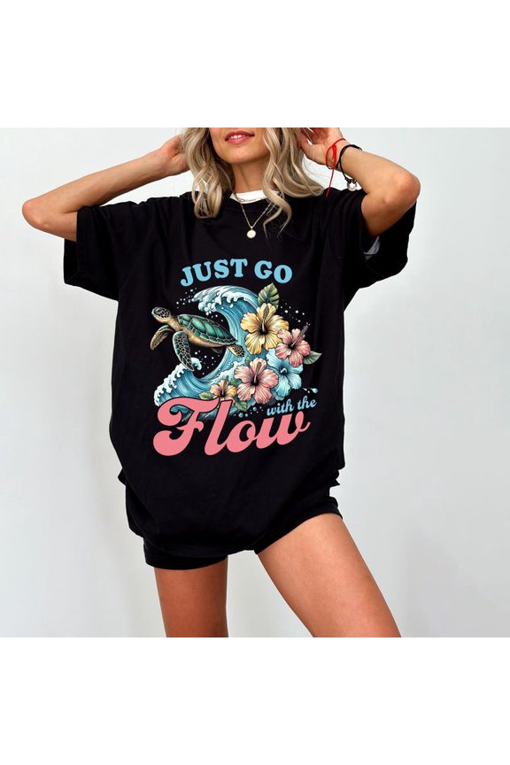 Unisex Just Go With The Flow Turtle Summer T-Shirt Cotton Graphic Tee-All Size S-5Xl