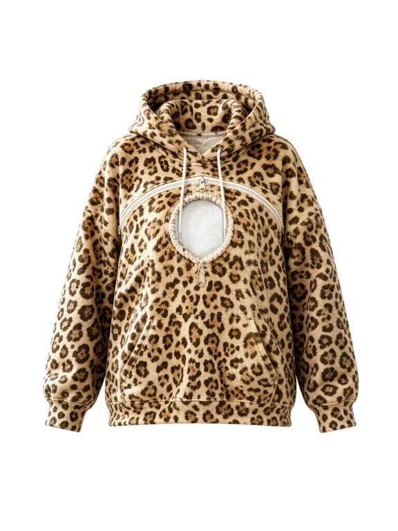 Unisex Khaki Leopard Print Hoodie For Small Cats And Dogs Front Pouch Hands Free Pet Holder Sweatshi