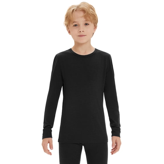 Woolcano Kids 100% Merino Wool Base Layer Top, Unisex Thermal Underwear Shirt for Skiing, Snowboarding and Winter Activities