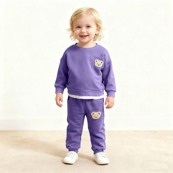 Unisex Kids 2-Piece Cotton Tracksuit, Cute Bear Design Breathable Soft Outfit for 9-12M to 3-4Y, Purple,Size 18-24 Months