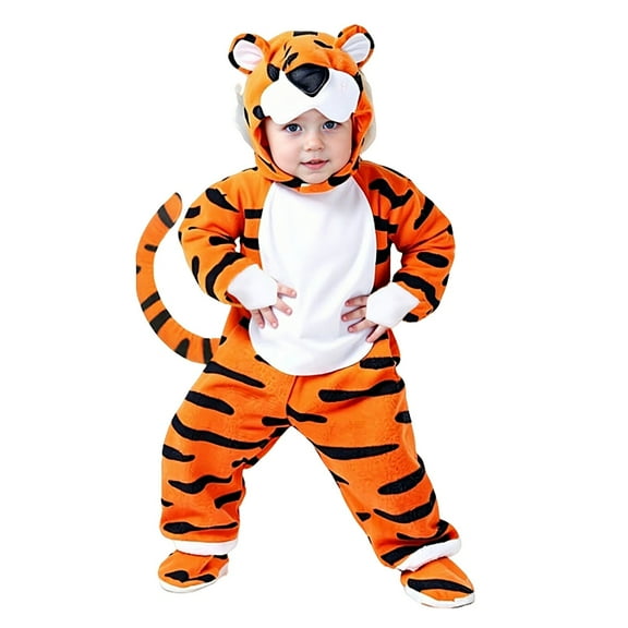 Unisex Kids Adorable Animal Tiger Play Jumpsuit Full Length Pants Hooded Long Sleeve Cartoon Character Role Play Soft Comfy Pajama for Toddlers Dress Up Yellow 6 Months-12 Months
