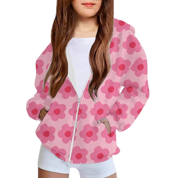 Unisex Kids All Over Flower Print Full Zip Hoodie Jacket Boys Girls Lightweight Casual Fall Winter Sweatshirt Coat Pink 7-8 Years