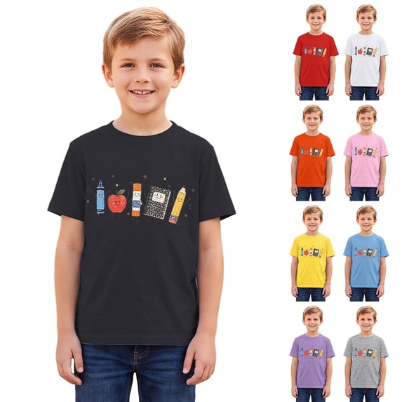 Unisex Kids Back To School Graphic T-Shirt, Crew Neck Short Sleeve Tee, Lightweight Casual Play Top For Boys Girls School Summer Daily Outfit(Black/2-3 Years)
