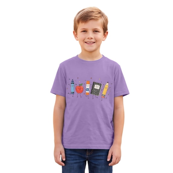 Unisex Kids Back To School Graphic T-Shirt, Crew Neck Short Sleeve Tee, Lightweight Casual Play Top For Boys Girls School Summer Daily Outfit(Purple/3-4 Years)