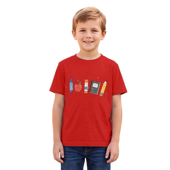 Unisex Kids Back To School Graphic T-Shirt, Crew Neck Short Sleeve Tee, Lightweight Casual Play Top For Boys Girls School Summer Daily Outfit(Red/8-9 Years)