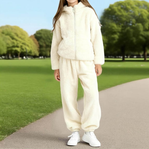 Unisex Kids Beige Plush 2-Piece Tracksuit - Hooded Jacket & Jogger Pants, Ultra-Soft Warm Polyester, Machine Washable for Ages 2-12,Size 6-7T