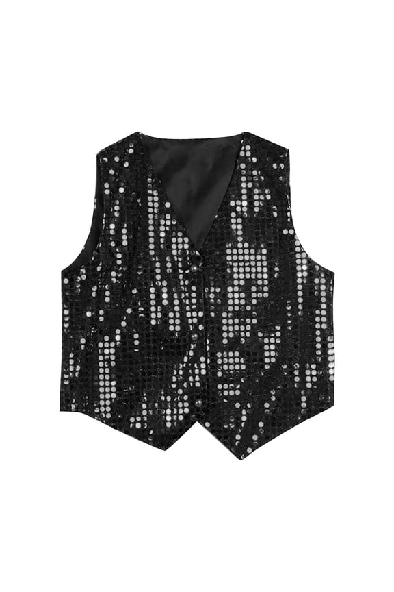 Unisex Kids Boys Girls Shiny Sequins Waistcoat, Sleeveless V-Neck Hip-Hop Jazz Dance Party Stage Performance Costume Vest, Colorful Options for Toddler Youth Daily & Special Occasions, Black L