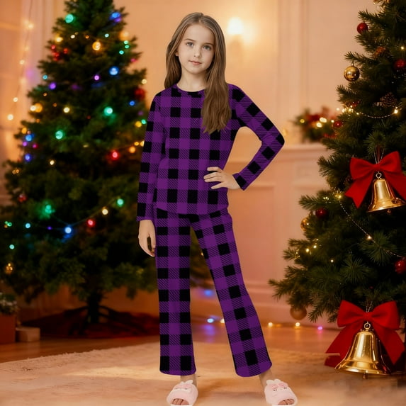 Unisex Kids' Buffalo Check Casual Set, Purple, 95% Polyester 5% Spandex, Long Sleeve Top & Full Length Pants Loose for 4-15 Years,Size 4 T