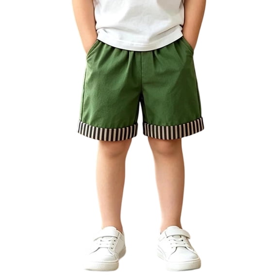Unisex Kids Casual Short Pants, Elastic Waist Striped Cuff Patch‑Pocket Fashion Summer Shorts for Boys Girls