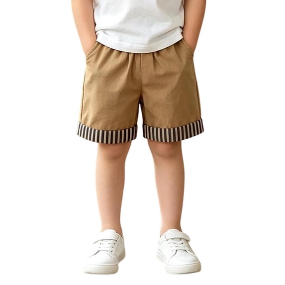 Unisex Kids Casual Short Pants, Elastic Waist Striped Cuff Patch‑Pocket Fashion Summer Shorts for Boys Girls