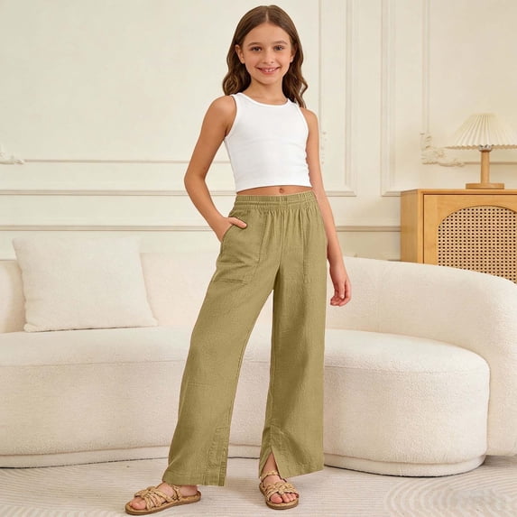 Unisex Kids Casual Solid Color Pants for Girls and Boys Comfortable Everyday Wear with Soft Breathable Easy Fit Knit Bottoms for Kids Girls Tan Pants Size 9-10 Years
