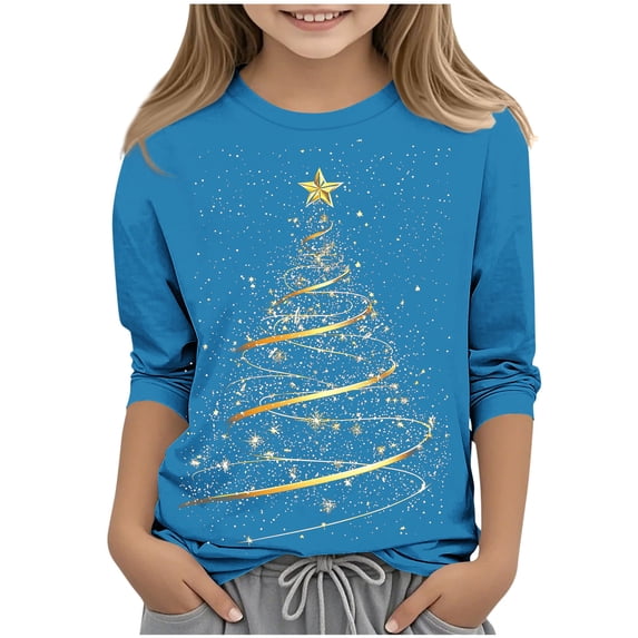 Unisex Kids' Christmas Top for Boys Girls Casual Printed 3/4 Sleeve Crew Neck Base Layer Shirt, Festive Daily Wear 3-12Y