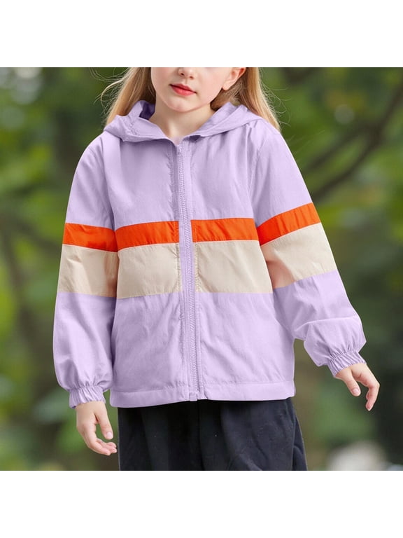 Unisex Kids Color Block Striped Hooded Jacket Boys Girls Lightweight Spring Fall Zip Up Windbreaker Coat with Pockets Purple 2-3 Years