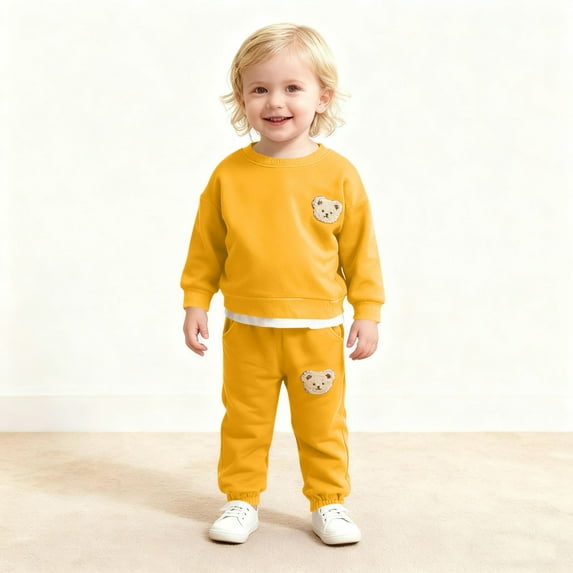 Unisex Kids Cotton Tracksuit 2-Piece Set, Cute Bear Design Soft Breathable Outfit for 9-12M to 3-4Y, Yellow,Size 12-18 Months