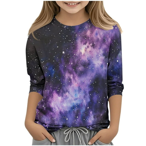 Unisex Kids Fall Trendy Shirts 3/4 Sleeve Loose Fit Crew Neck Blouses for Girls Dressy Casual Fading Starry Sky Printed Spring Tunic Tops Lightweight Basic Tees