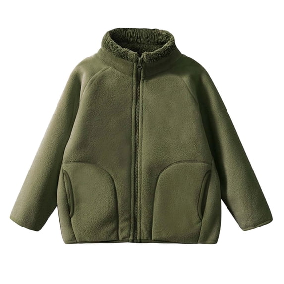 Unisex Kids Fleece Jacket Zip Warm Coat, Long Sleeve Casual Outerwear With Side Pockets Loose Fashion Daily Jacket for Boys Girls All Season Wear Army Green 8-9 Years