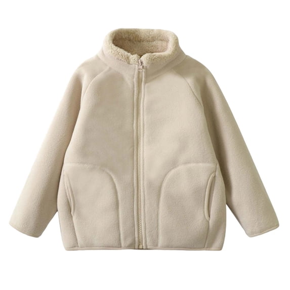 Unisex Kids Fleece Jacket Zip Warm Coat, Long Sleeve Casual Outerwear With Side Pockets Loose Fashion Daily Jacket for Boys Girls All Season Wear Beige 12-13 Years