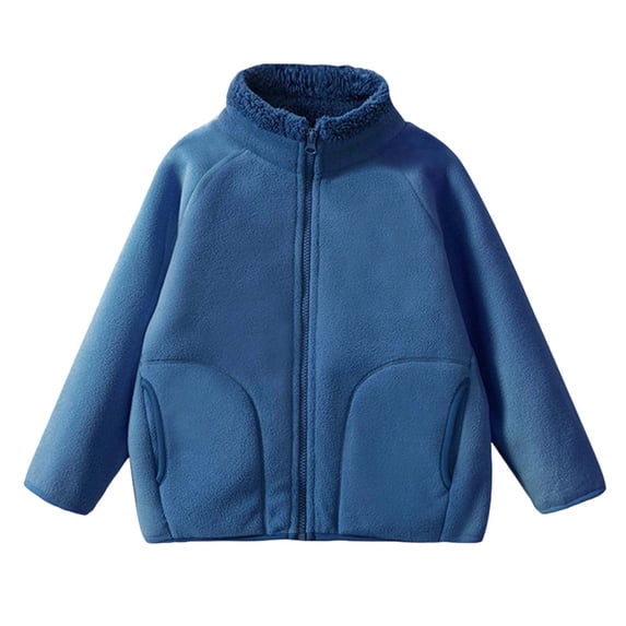Unisex Kids Fleece Jacket Zip Warm Coat, Long Sleeve Casual Outerwear With Side Pockets Loose Fashion Daily Jacket for Boys Girls All Season Wear Blue 8-9 Years