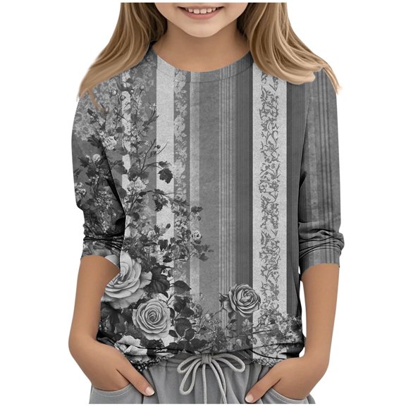 Unisex Kids Floral Pattern 3/4 Sleeve Loose Fit Round Neck Fall Trendy Shirts Tunic Tops Boho Blouses for Girls Dressy Casual Spring Tops Lightweight Basic Tees