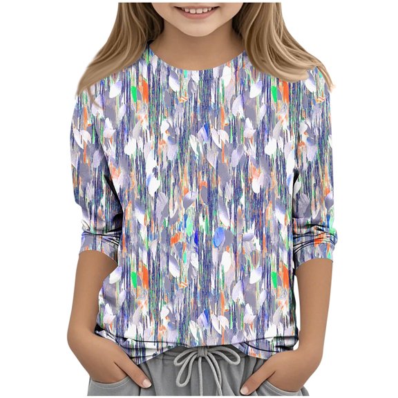 Unisex Kids Flower Pattern 3/4 Sleeve Loose Fit Crew Neck Spring Tops Blouses for Girls Dressy Casual Tunic Tops Fall Trendy Shirts Lightweight Basic Tees