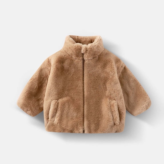 Unisex Kids Fuzzy Fleece Stand Collar Puffer Jacket,Solid Soft Plush Warm Zip Up Coat with Pockets for Boys Girls Fall Winter Khaki 5-6 Years