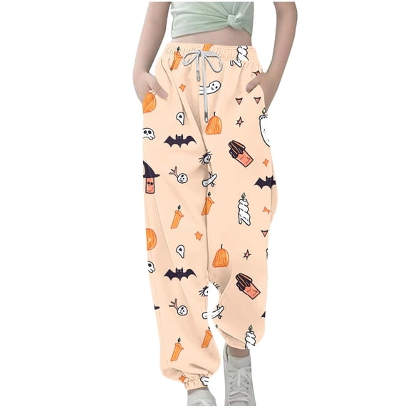 Unisex Kids Halloween Print Wide Leg Sweatpants Girl's Baggy Straight Loose Sweat Pants High Waist Causal Kids Athletic Pants with Pockets Beige 3-4 Years