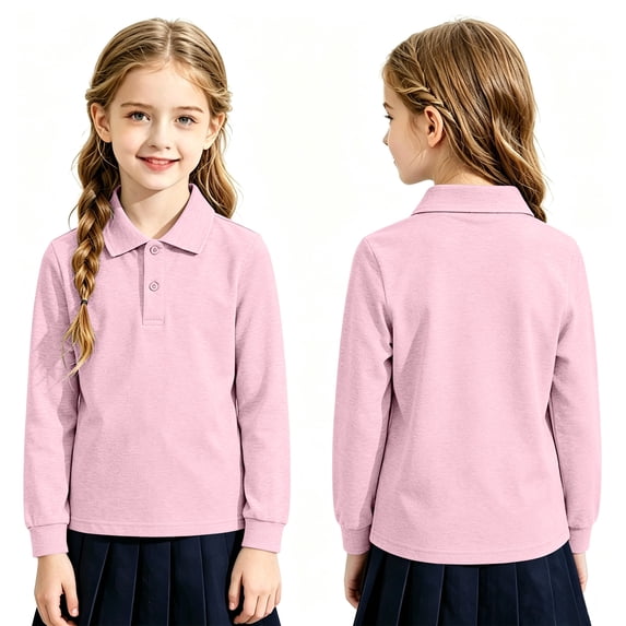 Unisex Kids Long Sleeve Polo Shirt School Uniform Casual Fall Comfy Soft Pique Top Back to School Wear