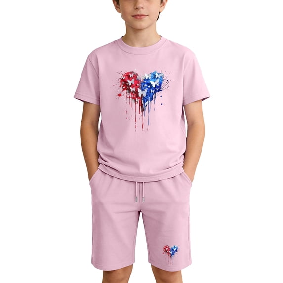 Unisex Kids Pink 4th of July Outfit, 100% Cotton Patriotic T-Shirt and Shorts Set Independence Day Summer Clothes for 3-12 Years,Size 13 T