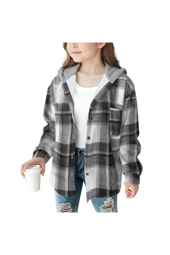 Unisex Kids Plaid Hoodies Drawstring Hooded Button Up Flannel Shirt Shacket Jackets for Boys Girls Outerwear (14-15 Years, Black 01)