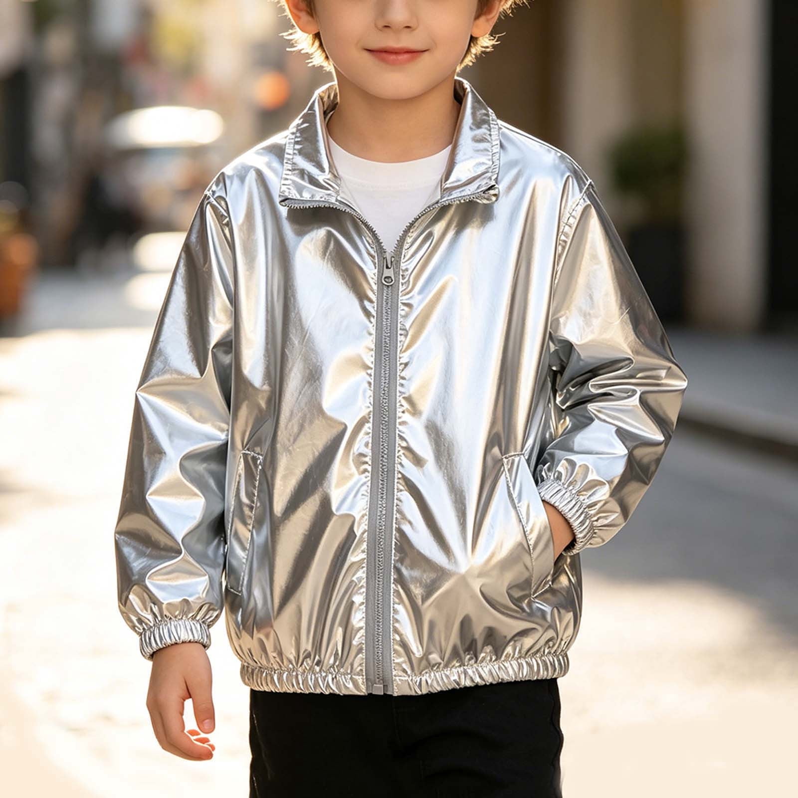 Unisex Kids Shiny Metallic Stand Collar Zip Jacket Boys Girls