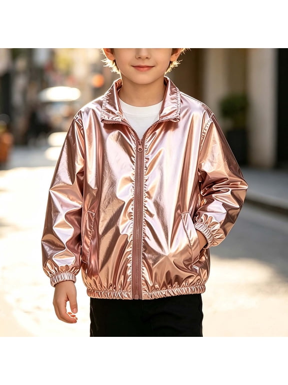 Unisex Kids Shiny Metallic Stand Collar Zip Jacket Boys Girls Windproof Fashion Coat with Pockets Spring Autumn Outerwear Pink 8-9 Years