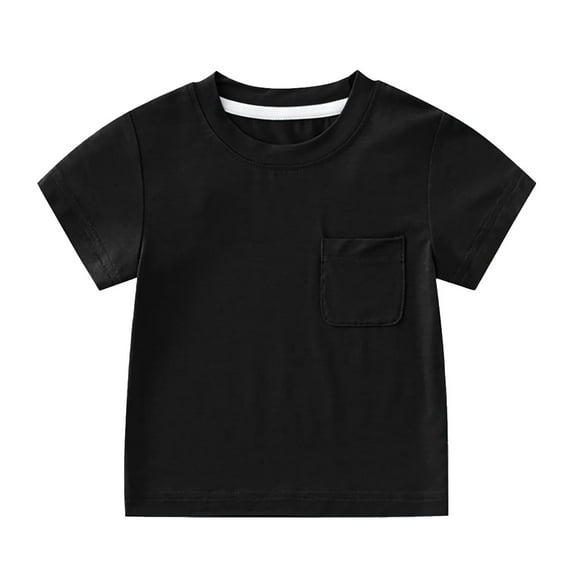 Unisex Kids' Short Sleeve Pocket Tee - Soft Cotton Crew Neck Solid Color Top,Color:Black,Size:6-7 Years