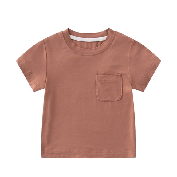 Unisex Kids' Short Sleeve Pocket Tee - Soft Cotton Crew Neck Solid Color Top,Color:Coffee,Size:4-5 Years