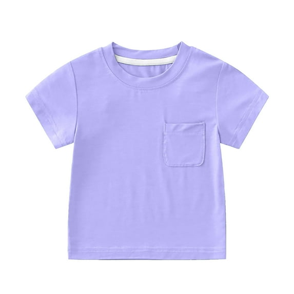 Unisex Kids' Short Sleeve Pocket Tee - Soft Cotton Crew Neck Solid Color Top,Color:Purple,Size:6-7 Years