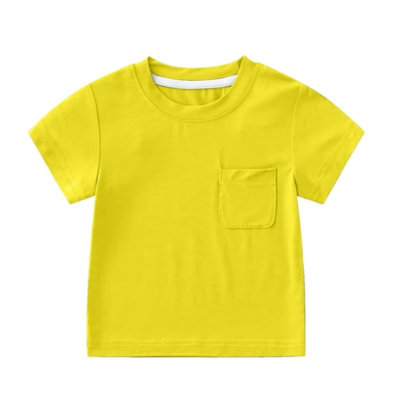 Unisex Kids' Short Sleeve Pocket Tee - Soft Cotton Crew Neck Solid Color Top,Color:Yellow,Size:12-13 Years