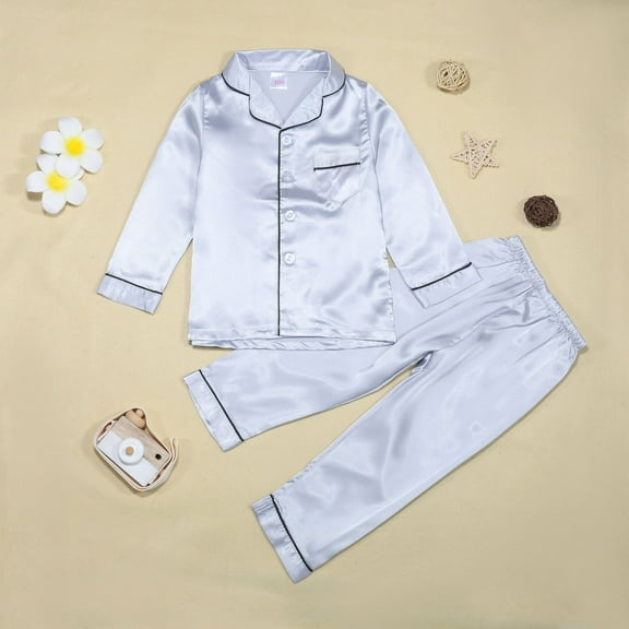 Unisex Kids Silk Satin Pajamas Set Valentines Day Pajamas For Boys Birthday Christmas Gifts For Grandkids Cute Pajamas For Girls Set Button Down Loungewear Pj Sets 2-14Y #02 Silver,160=13-14Y