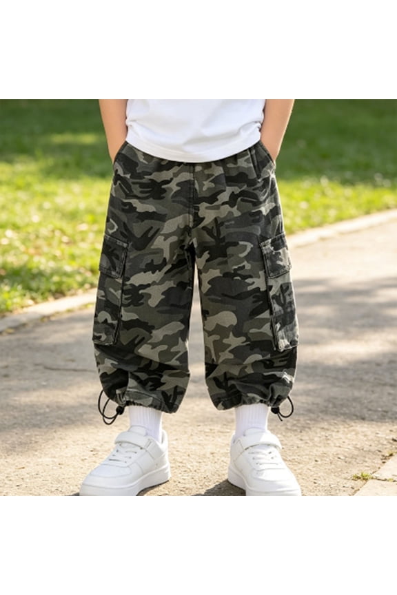 Unisex Kids Soft Woven Camo Cargo Trousers, Adjustable Cuff Pants for Indoor Lounging, Military Cosplay and Weekend Hiking Trips Multicolor 100
