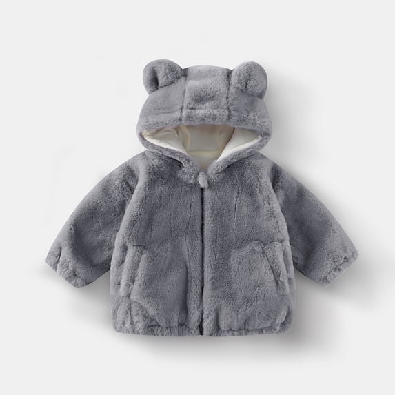 Unisex Kids Solid Faux Fur Fuzzy Hooded Jacket Boys Girls Winter Plush Coat with Pockets Lined Interior Gray 6-7 Years