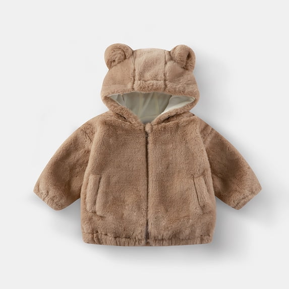 Unisex Kids Solid Faux Fur Fuzzy Hooded Jacket Boys Girls Winter Plush Coat with Pockets Lined Interior Khaki 4-5 Years
