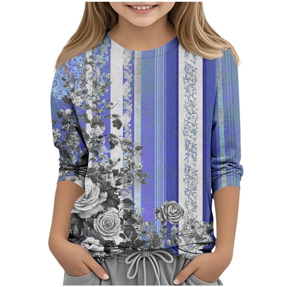 Unisex Kids Spring Tops Round Neck Loose Fit Fall Trendy Shirts T-Shirts Floral Pattern Blouses for Girls Dressy Casual 3/4 Sleeve Lightweight Basic Tees