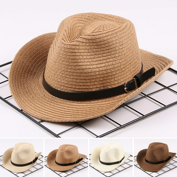Unisex Kids Straw Hat Fedora Cap Wide Brim Sun Hat Parent-child Jazz Hat