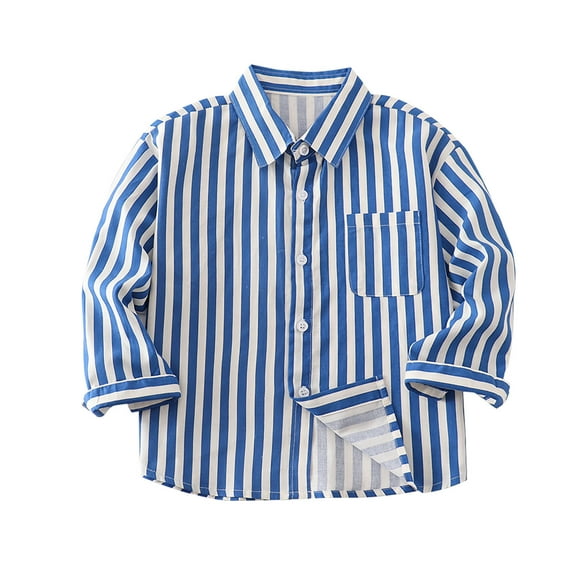 Unisex Kids Striped Button Down Shirt Trendy Cute Long Sleeve Dress Shirts Boys Girls Toddler Lightweight Loose Fit Blouse with Pocket（12 Months-7 Years)