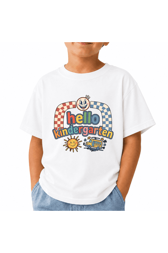 Unisex Kids T-Shirt for First Day of Kindergarten, Smiley Rainbow School Graphic, 100% Cotton Short Sleeve Tee