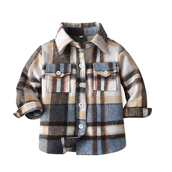Unisex Kids Toddler Boys Girls Flannel Plaid Shirt, Long Sleeve Button Down Lapel Jacket with Pocket, Regular Fit Casual Fall Outwear Clothes NB-6T, Blue 100