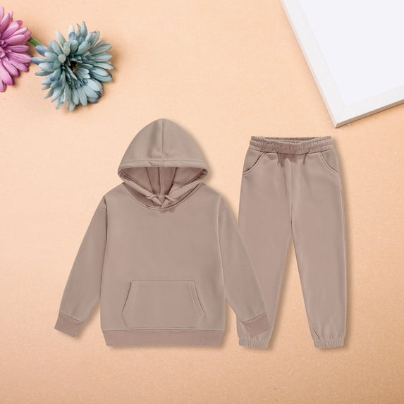 Unisex Kids Tracksuit Set, Solid Pullover Hoodie & Jogger Sweatpants 2 Piece Sweatsuit, Teen Boys Girls Plain Hooded Casual Sportswear Outfit (Khaki, 9-10 Years)
