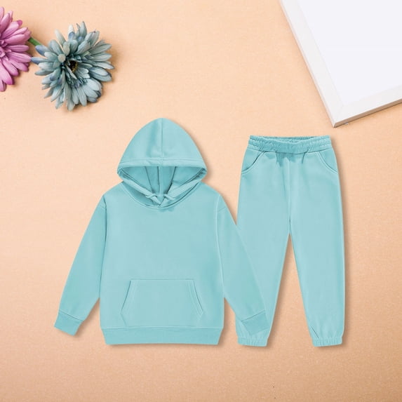 Unisex Kids Tracksuit Set, Solid Pullover Hoodie & Jogger Sweatpants 2 Piece Sweatsuit, Teen Boys Girls Plain Hooded Casual Sportswear Outfit (Light Blue, 18-24 Months)