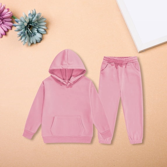Unisex Kids Tracksuit Set, Solid Pullover Hoodie & Jogger Sweatpants 2 Piece Sweatsuit, Teen Boys Girls Plain Hooded Casual Sportswear Outfit (Pink, 3-4 Years)