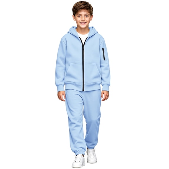 Unisex Kids Tracksuit Set, Zip Up Hoodie & Sweatpants 2 Piece Sweatsuit, Teen Boys Girls Athletic Fleece Sweat Suit, Casual Hooded Jogger Sportswear Outfit (Light Blue, 8-9 Years)