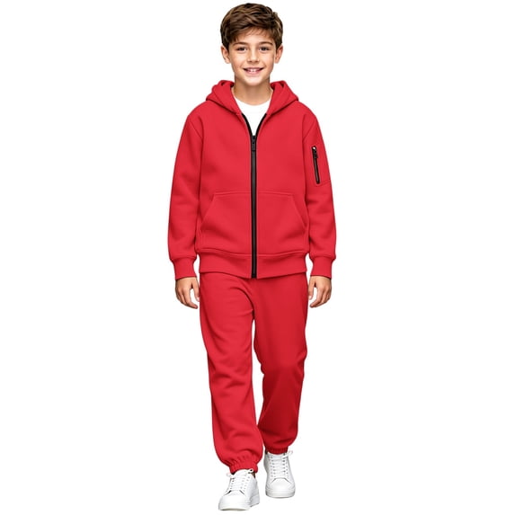 Unisex Kids Tracksuit Set, Zip Up Hoodie & Sweatpants 2 Piece Sweatsuit, Teen Boys Girls Athletic Fleece Sweat Suit, Casual Hooded Jogger Sportswear Outfit (Red, 10-11 Years)